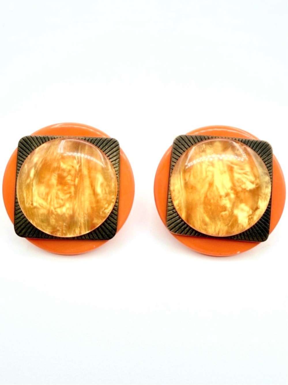 Vintage Orange Lucite Clip On Earrings Chunky Retro Mod Resin